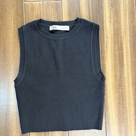 Zara Tops - Zara size M Black Sleeveless Crop Top Knit Stretchy Crew Neck y2k